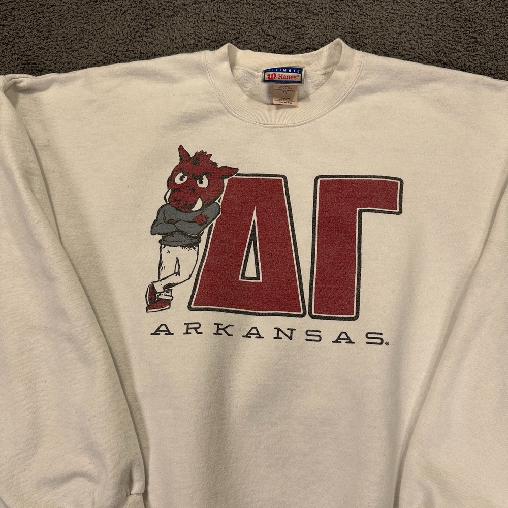 Vtg Arkansas Razorbacks Alpha Gamma Sweatshirt Adult Extra Large White Hogs NCAA - Picture 2 of 11
